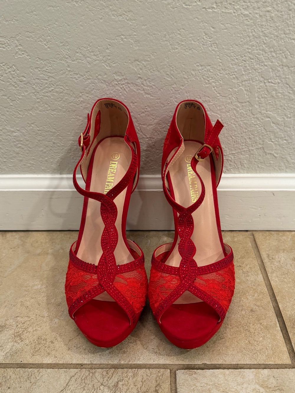 Dream Pairs Red Rhinestone Lace Platform Stiletto Heels Pumps Size 10